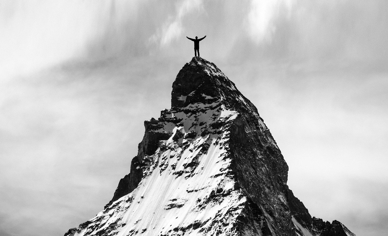 Home success, man, nature, mountain, climb, top, mountain top, mountain climber, mountaineer, mountaineering, peak, summit, achievement, adventure, high, victory, goal, cliffs, snow mountain, black and white, monochrome